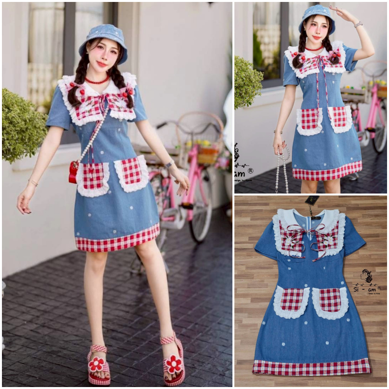 [ป้ายTag :  Si-am] เดรสยีนส์ทรงสวย ยีนส์แท้ทั้งชุด คอแต่งระบาย2 ชั้น A532