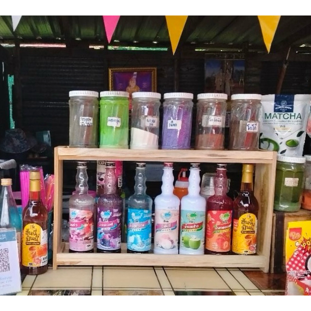 ชั้นวางกระปุก วางขวดโหล  วางขวด วางตกแต่งร้าน งานไม้สัก 2 ชั้น ยาว 60 cm.