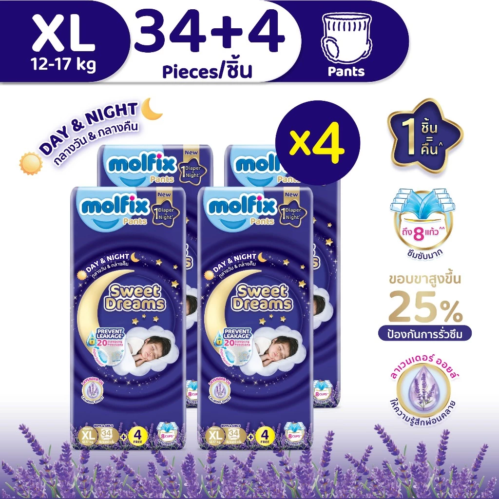 [ใหม่ ยกลังรวม 152 ชิ้น] Molfix กางเกงผ้าอ้อมเด็กโมลฟิกซ์ สวีต ดรีมส์ แพ้นส์ เดย์ แอนด์ ไนท์ ไซซ์ XL (34+4)