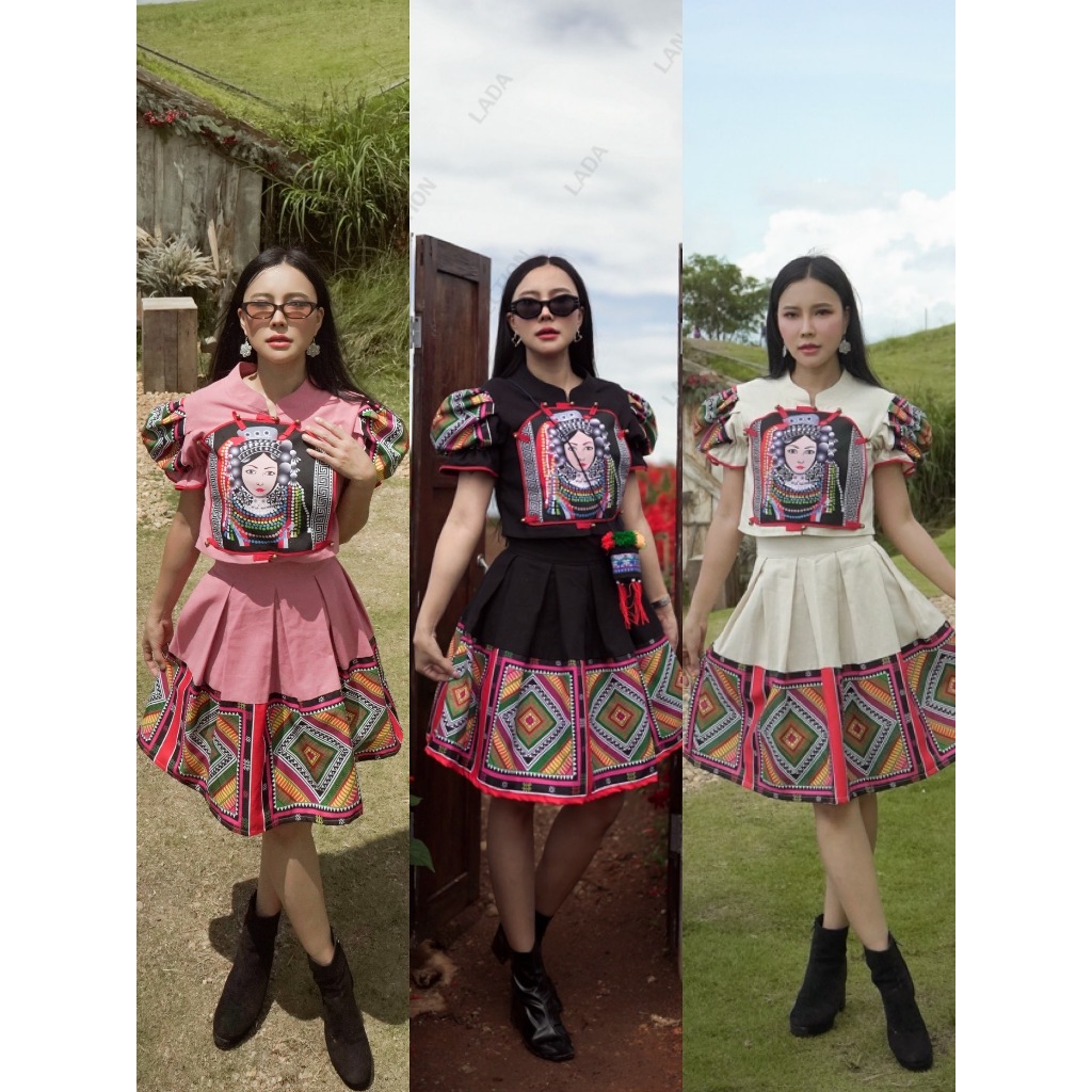 เซ็ทน้องลดาแขนตุ๊กตาและกระโปรงแบบสั้นผ้าโพลี่เอสเตอร์พิมพ์ลายไทดำ มาใหม่