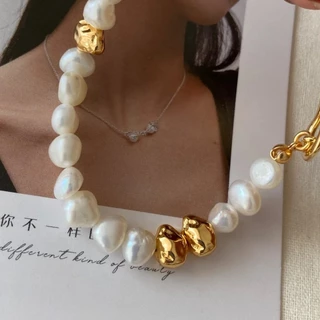 luccica-สร้อยข้อมือมุกบาร็อคธรรมชาติ 925 เงินสเตอร์ลิง ตะขอ OT สร้อยข้อมือดีไซน์ธรรมชาติ · ทองคำ