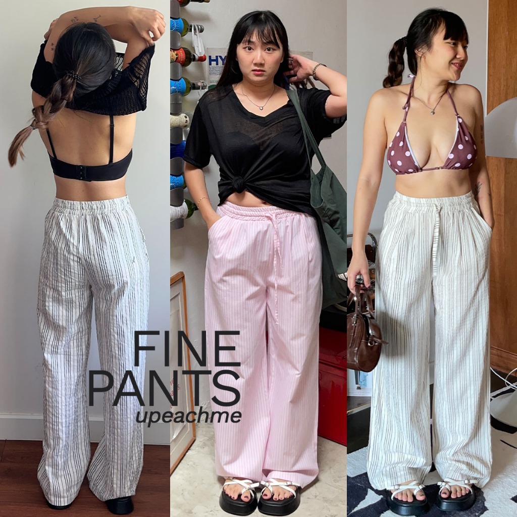 upeachme(B8) Fine Pants [เอว26-34"] กางเกงขายาวลายทางผ้าลินินผสม ใส่สบายผ้าไม่บาง กางเกงลินินขายาวกระบอกตรง