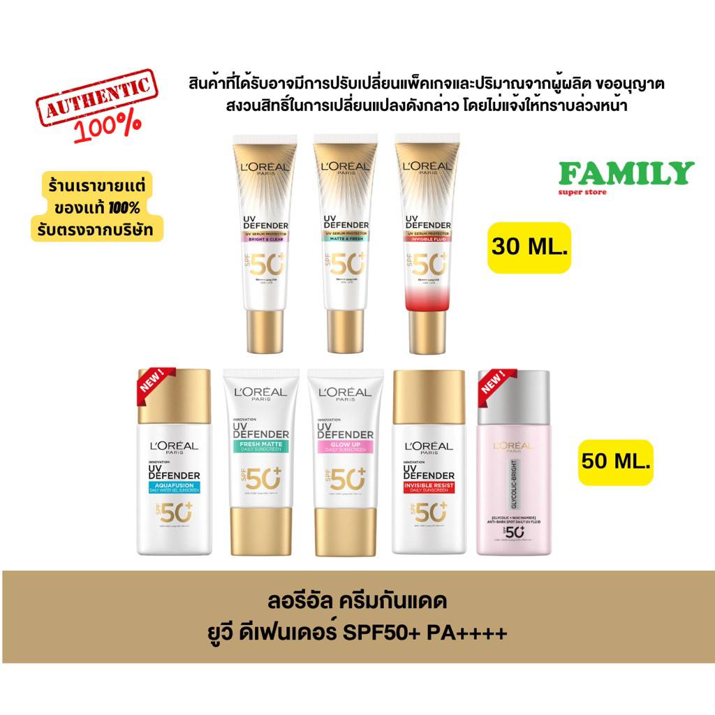 Loreal paris ลอรีอัล ยูวี ดีเฟนเดอร์ ครีมกันแดด SPF50+ PA++++ ขนาด 30/50 มล [002]
