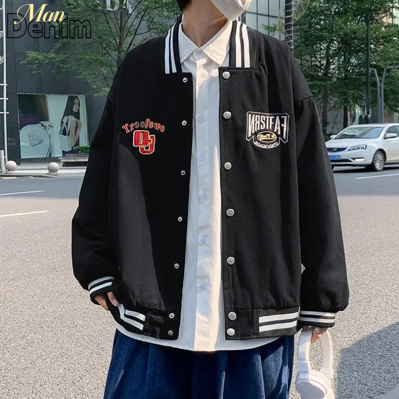 🔆ManDenim🔆 เสื้อแจ็คเก็ตผู้ชาย เสื้อแจ็คเก็ตบอมเบอร์ สไตล์อเมริกัน ลำลอง อเนกประสงค์ หลวม เสื้อแจ็คเก็ตผู้ชาย S-3XL