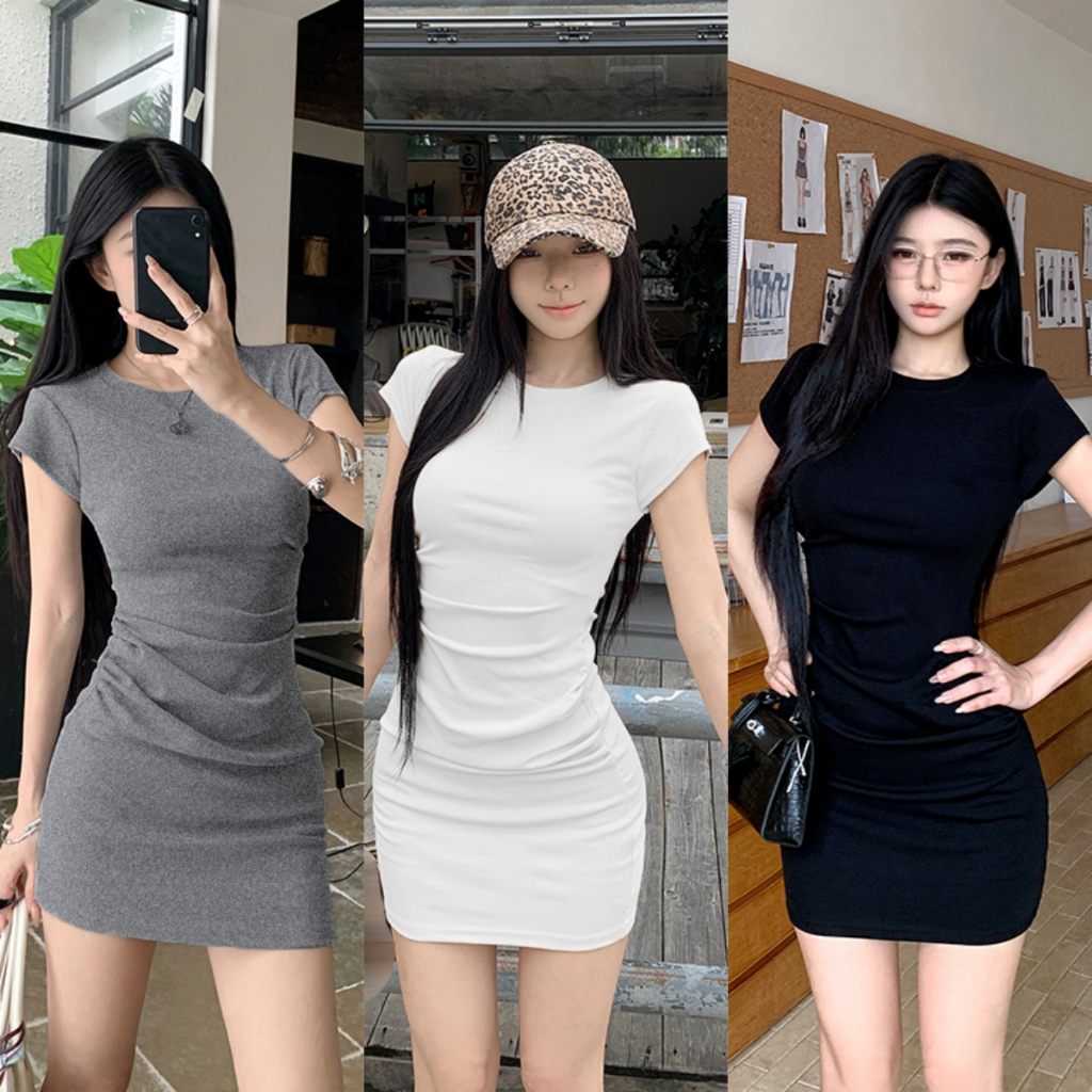 ชุดเดรสมินิมอล ชุดกระโปรงผู้หญิง พรางหุ่น ยืดได้ สไตล์ลำลอง งานเกาหลี #030103