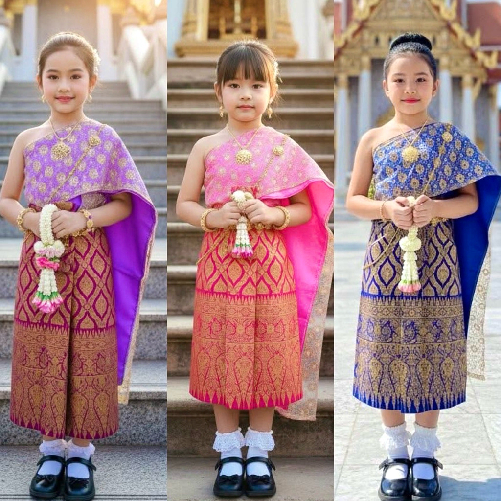 ชุดไทยเด็ก ชุดไทยสไบ 1-5ปี ชุดนางนพมาศเด็ก ผ้าไหมสีไม่ตก