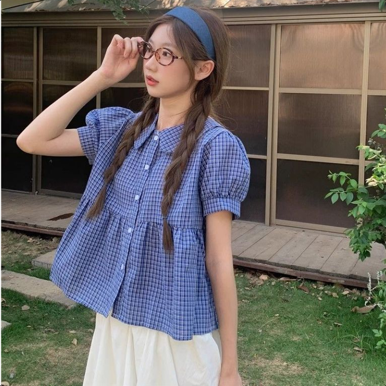 SIAM CURATEDเสื้อเชิ้ตตาหมากรุกประกบสไตล์เกาหลี ✨ แขนสั้นน่ารัก （จัดส่งภายใน24ชม）