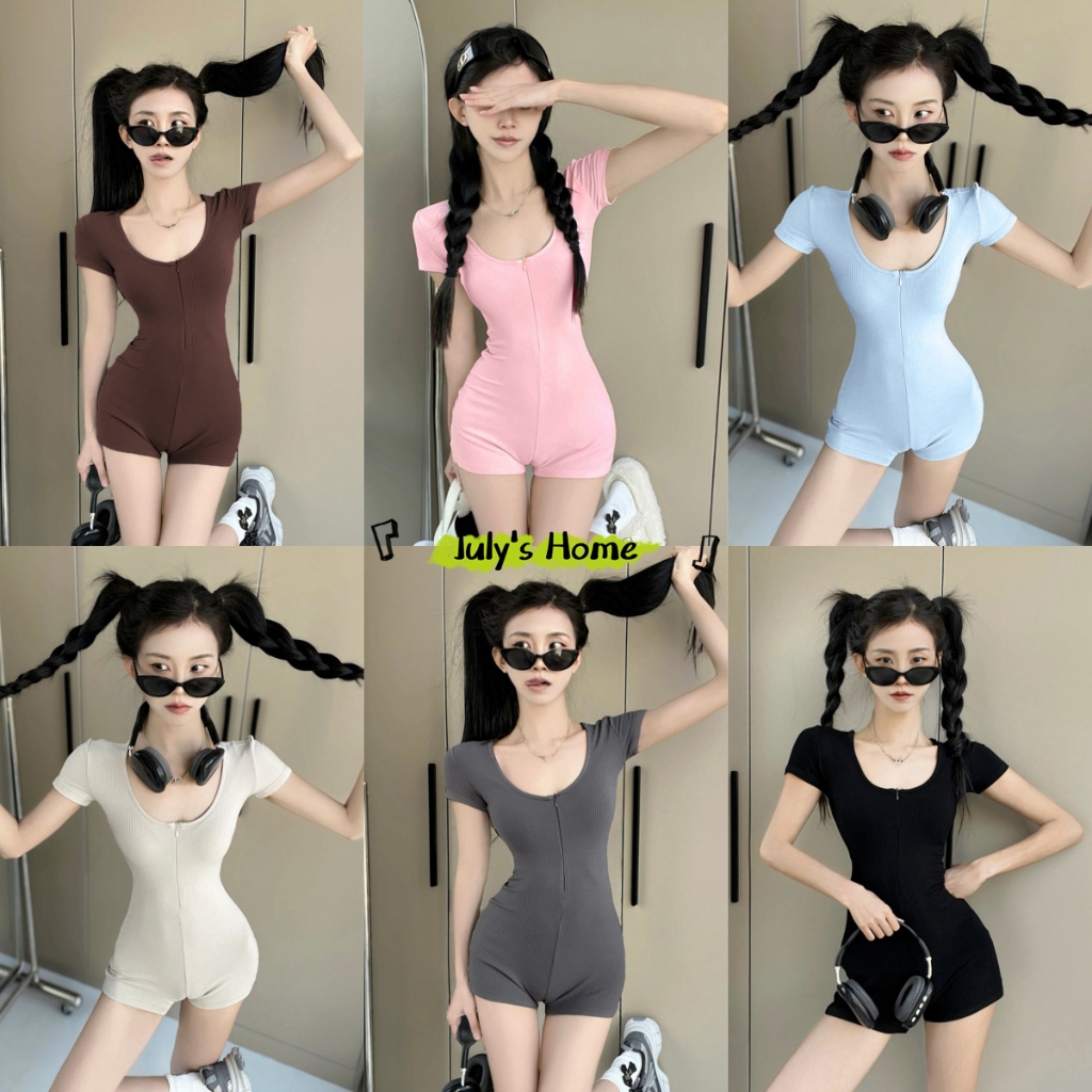 7สี เสื้อแขนสั้น บอดี้สูท ทรงเข้ารูป คอเหลี่ยม สไตล์ออลแมทช์ ใส่ซิปอก#J2400