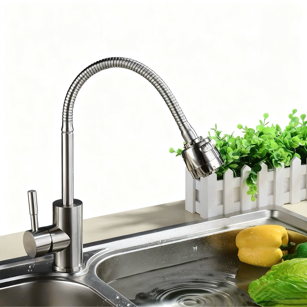 ก๊อกเดี่ยวอ่างซิงค์ ก๊อกครัว ก๊อกอ่างล้างจาน หัวจ่ายน้ำ 2 ฟังก์ชั่น คอปรับโยกได้ 360 SUS 304 องศา100