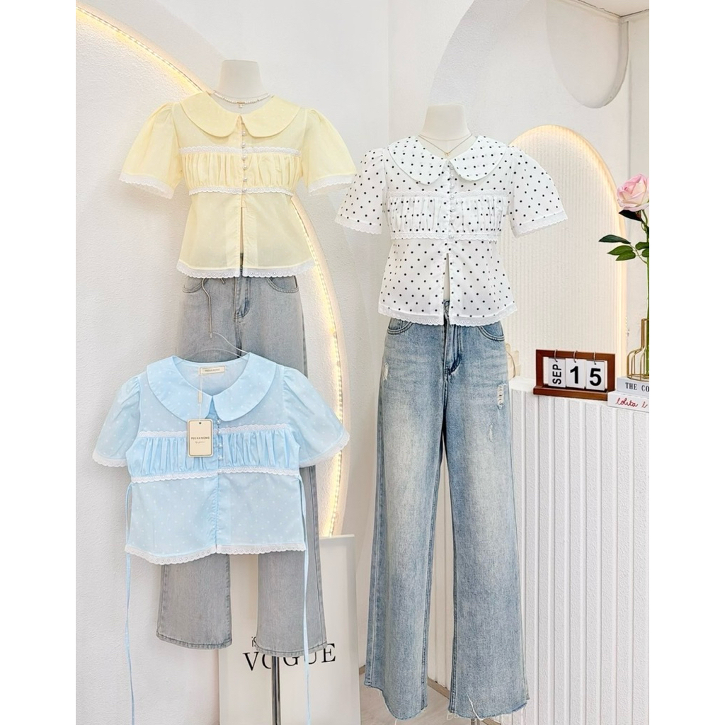 NN729 เสื้อคอบัวผ่าหน้า แขนตุ๊กตาลายจุด Polka Dot Peekanong🌷