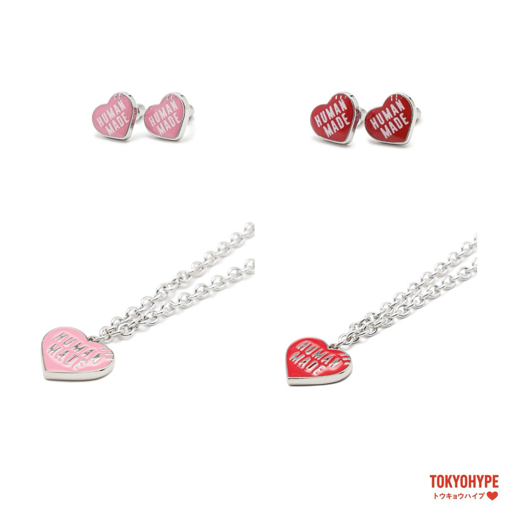 พร้อมส่ง ต่างหู สร้อยคอ HUMAN MADE Heart Earring and Necklace สีชมพู สีแดง