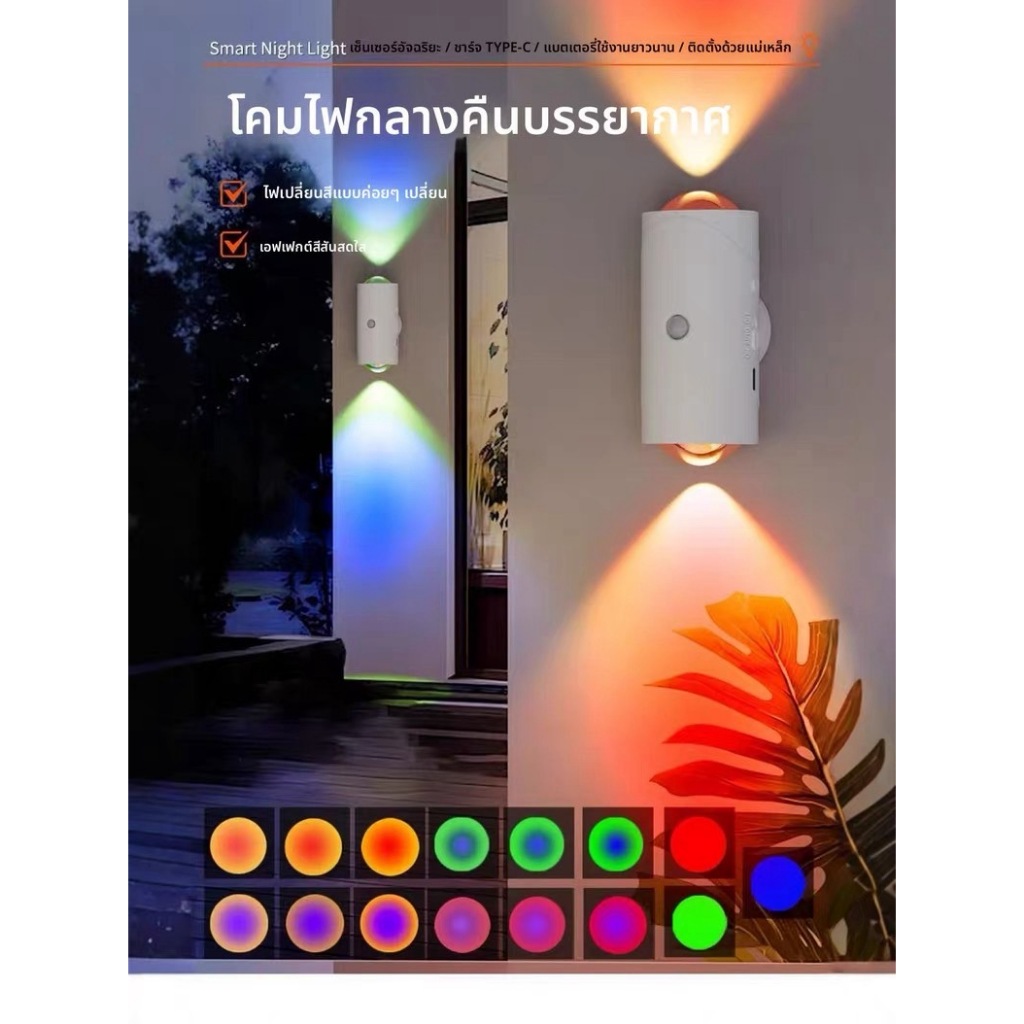 Smart Night Light เซ็นเซอร์อัจฉริยะ /ชาร์จ TYPE-Cไฟติดผนัง LED เซ็นเซอร์ตรวจจับความเคลื่อนไหว โคมไฟติดผนัง RGB แสงอบอุ่น