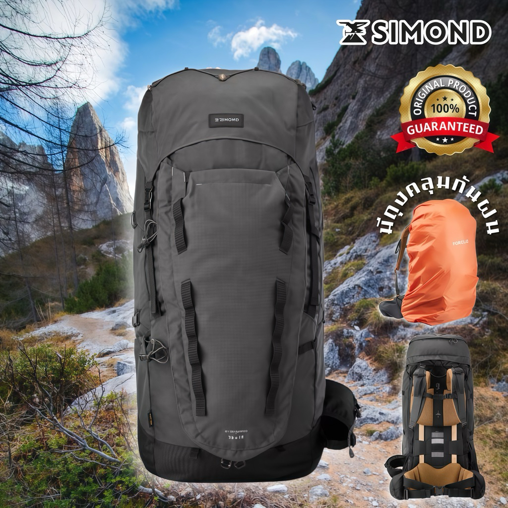 กระเป๋าเป้สะพายหลังเทรคกิ้งสำหรับผู้ชายขนาด 70+10 ลิตร รุ่น MT900 Symbium (สีเทาดำ) SIMOND
