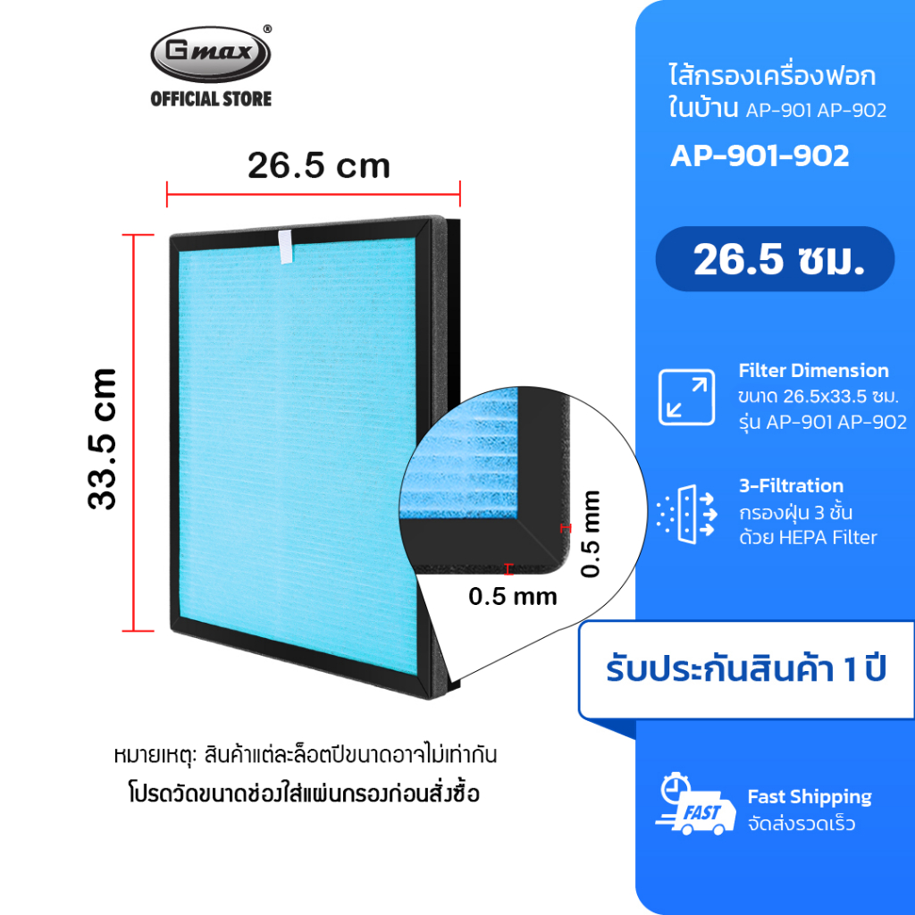 Gmax ไส้กรอง HEPA H12 เครื่องฟอกอากาศ รุ่น AP-Series รหัสสินค้า AP-901-902 (สำหรับปี 2025)