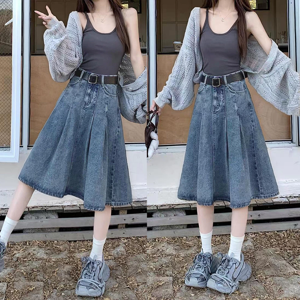 S~5XL Denim skirt for women A-line skirt กระโปรงทรงเอจีบพลีตสไตล์วินเทจ กระโปรงยีนส์เอวสูงทรงหลวมสไตล์ลำลอง HOT