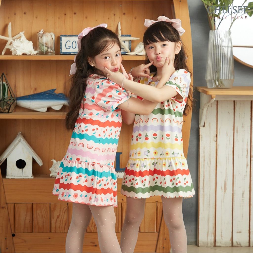 Chelsee ชุดเดรสกระโปรง มีปก ลายดอกไม้เชอร์รี่ ผ้า Interlock 100%Cotton เด็กผู้หญิง อายุ 1.5-10ปี เสื้อผ้าเด็ก รุ่น238196