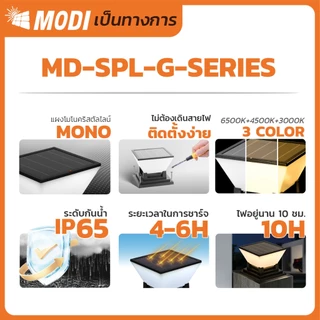 MODI โคมไฟหัวเสาโซล่าเซลล์ เปิดได้ 3 แสง สว่างค้าง Outdoor garden light กันน้ำIP65 เปิดปิดอัตโนมัติ