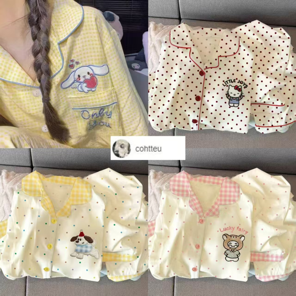 💗M-2XL,ชุดนอนกางเกงขายาวลายการ์ตูนสไตล์เกาหลี   ชุดนอนลายวัว