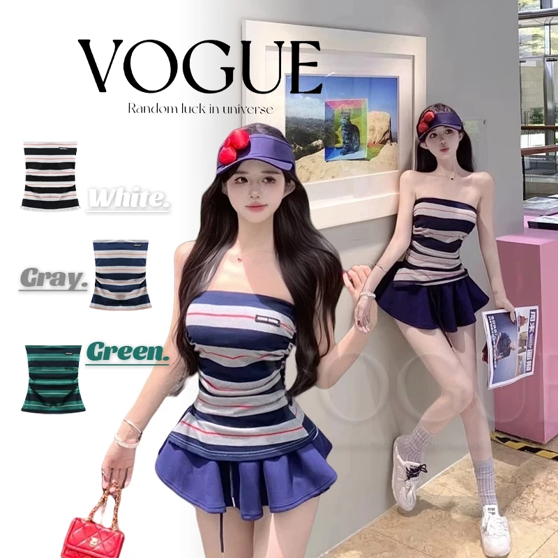 Vogue🌟พร้อมส่ง🌟 เสื้อเกาะอก ลายทาง เสริมฟองน้ำ เรียบๆมินิมอล (FY938)