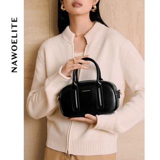 NAWOELITE Bowling Bag กระเป๋าถือผู้หญิงสีดำสไตล์วินเทจ มีสายสะพายไหล่ปรับได้ สามารถถือด้วยมือหรือสะพายข้างก็ได้