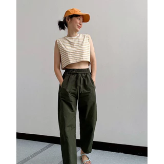 Pastelsmotel - Paper barrel pants. กางเกงเอวยืด ทรงbarrel ขาโค้ง ผ้าคอตตอนผสมไนลอน