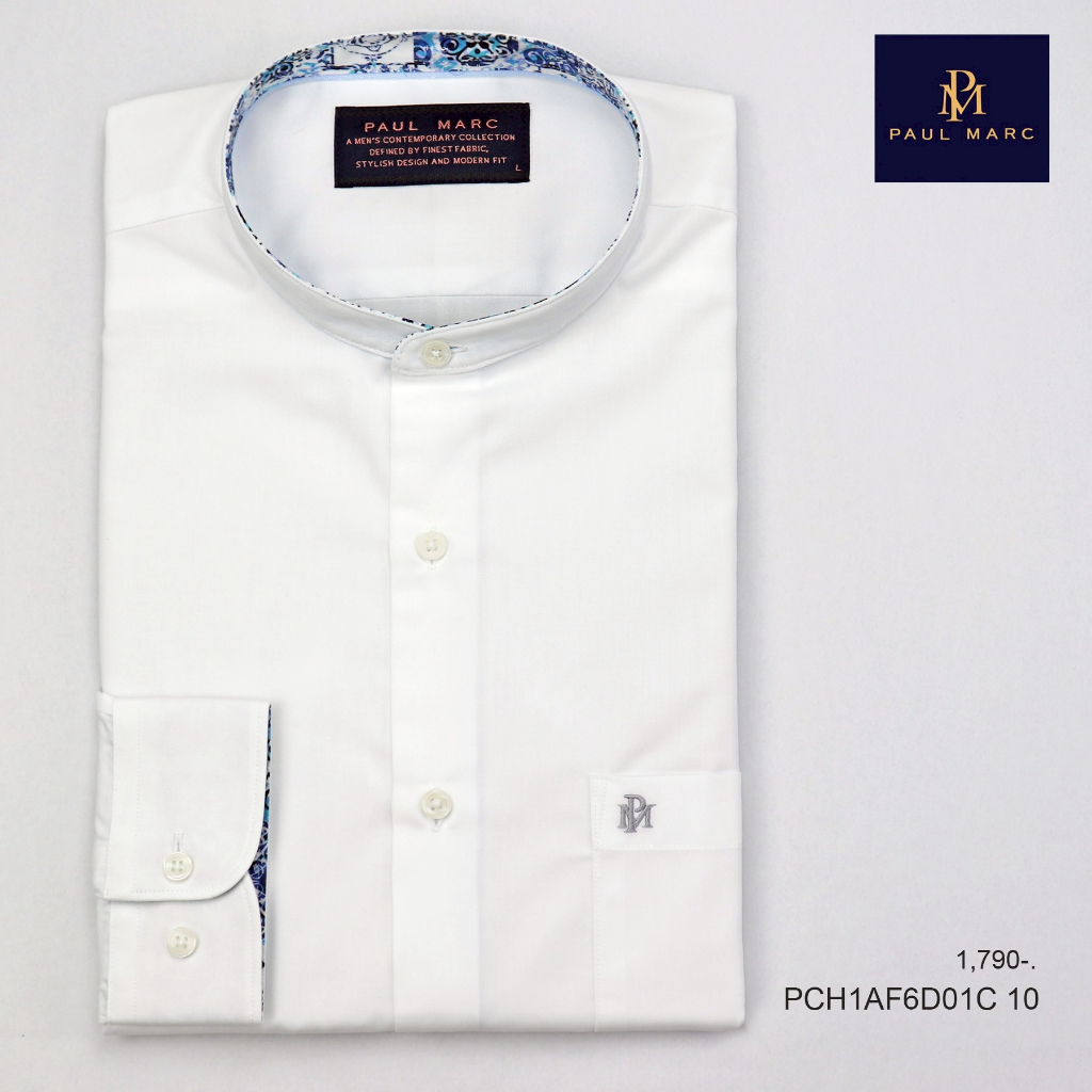 PAUL MARC เสื้อเชิ้ตคอจีนแขนยาว สีขาว  signature twill slim fit  ผ้านุ่ม รีดง่าย ยับยาก PCH1AF6D01C