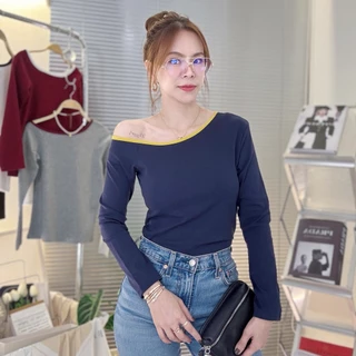 012-013 Zenya(เซนญ่า) เสื้อยืดแขนยาว ปาดไหล่ แต่งแถบคอ