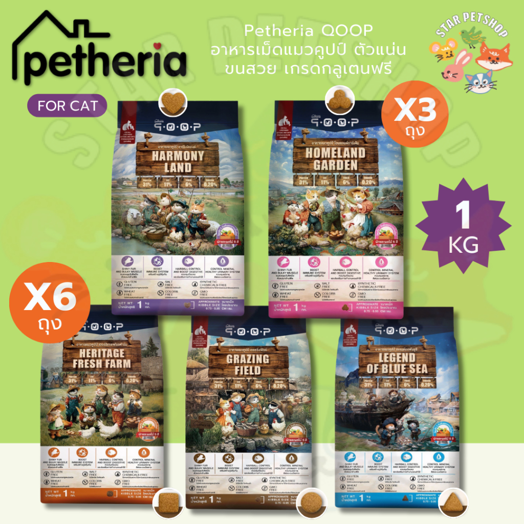 Petheria QOOP อาหารเม็ดแมวคูปป์ ตัวแน่น ขนสวย เกรดกลูเตนฟรี สำหรับแมวทุกช่วงวัย ทุกสายพันธ์ ขนาด 1 กิโลกรัม