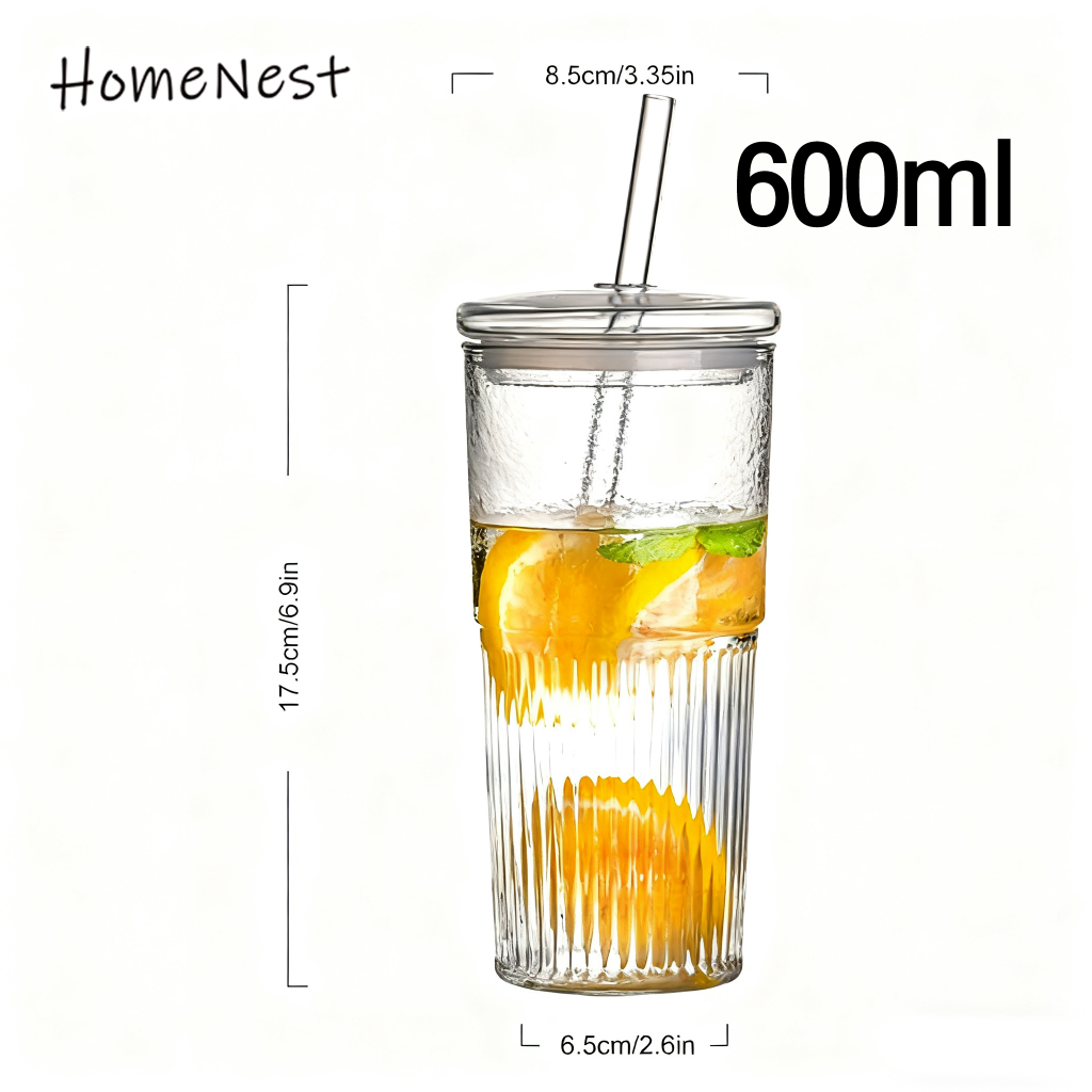 HomeNest แก้วน้ำมีฝาปิด เบียร์ และน้ําผลไม้ พร้อมฝาปิด และหลอด 600 มล