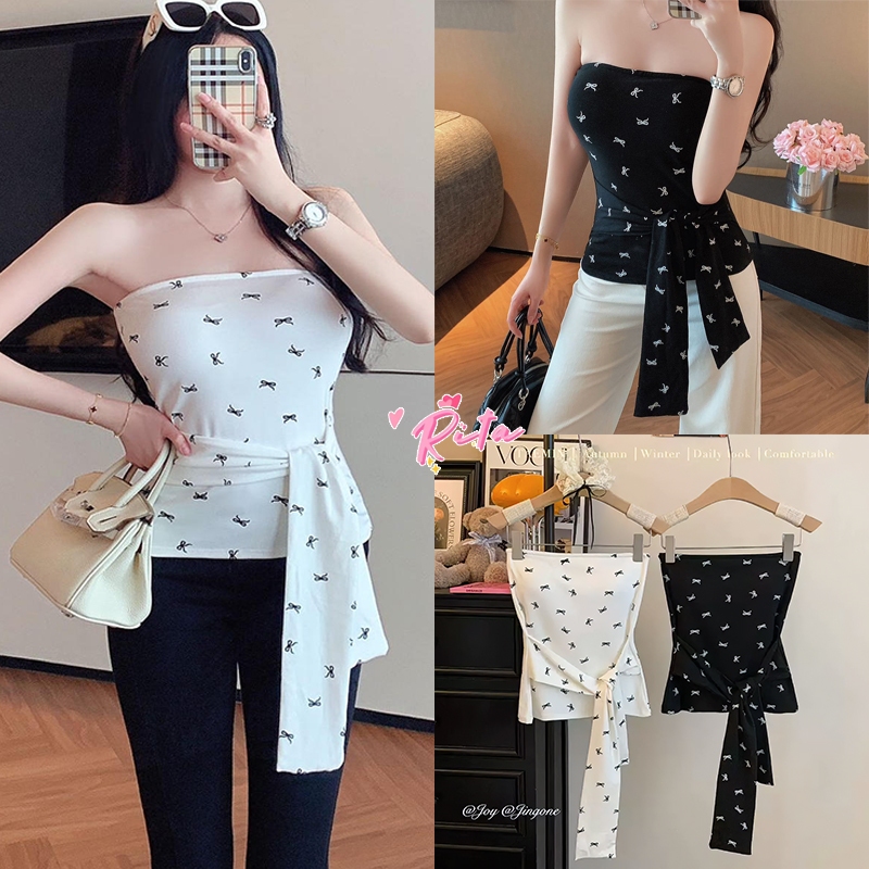 Rita พร้อมส่ง🍒พิมพ์ลายโปว์ เสื้อเกาะอกผู้หญิง มีฟองน้ำในตัว ดีไซน์เชือกผูกเอว น่ารักมาก ปาดไหล่ เสื้อครอปทรงรัดรูป