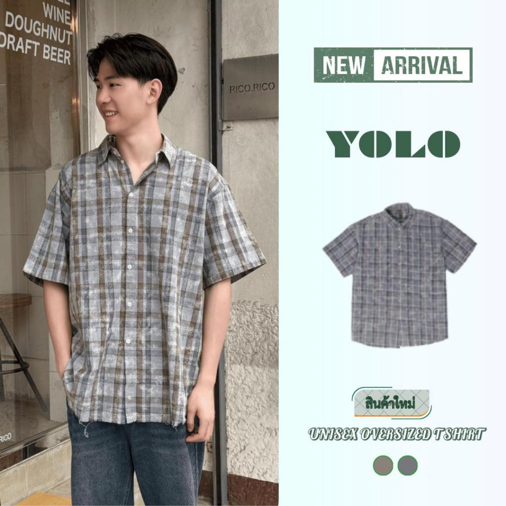 YOLO เสื้อเชิ้ต OVERSIZE เสื้อเชิ้ต เชิ้ตแขนสั้น ลายสก็อต แขนสั้น สีดำ 3959