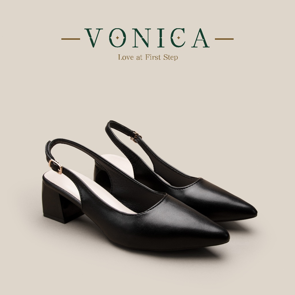 VONICA รองเท้าแตะผู้หญิงสไตล์เกาหลี สีเบจ สีดํา หัวแหลม มีส้นรองเท้าแตะส้นสูง