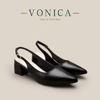VONICA รองเท้าแตะผู้หญิงสไตล์เกาหลี สีเบจ สีดํา หัวแหลม มีส้นรองเท้าแตะส้นสูง