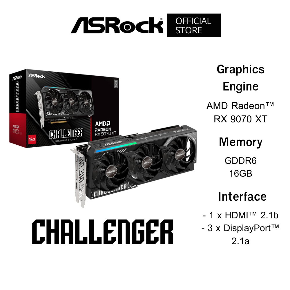ASROCK AMD Radeon™ RX 9070 XT Challenger 16GB VGA Card (การ์ดจอ) GDDR6 on 256-Bit Memory Bus