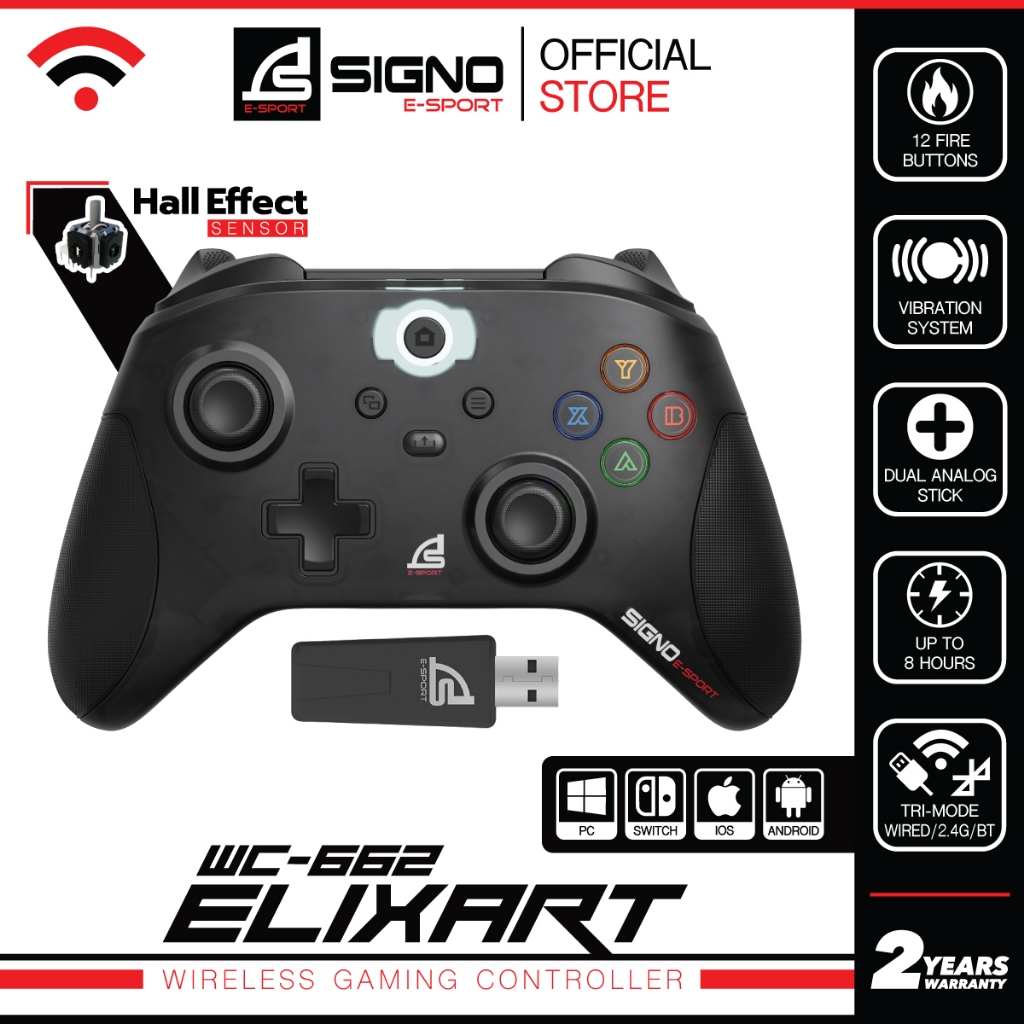 SIGNO WC-662 จอยเกมมิ่งไร้สาย Wireless  Gaming Controller Hall Effect เชื่อมต่อ 3 ระบบ (BT/2.4G/สาย)