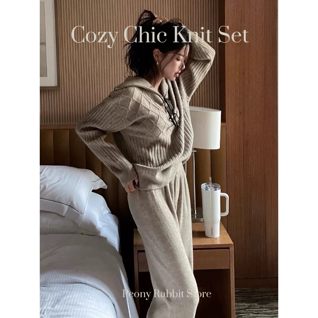 🦋พร้อมส่ง🦋 Airport look  ชุดเซตผ้านิต เสื้อแขนยาวคอปีน+ กางเกงขายาว น่ารักมาก ดีเทลคอปกรูดซิป เสื้อก