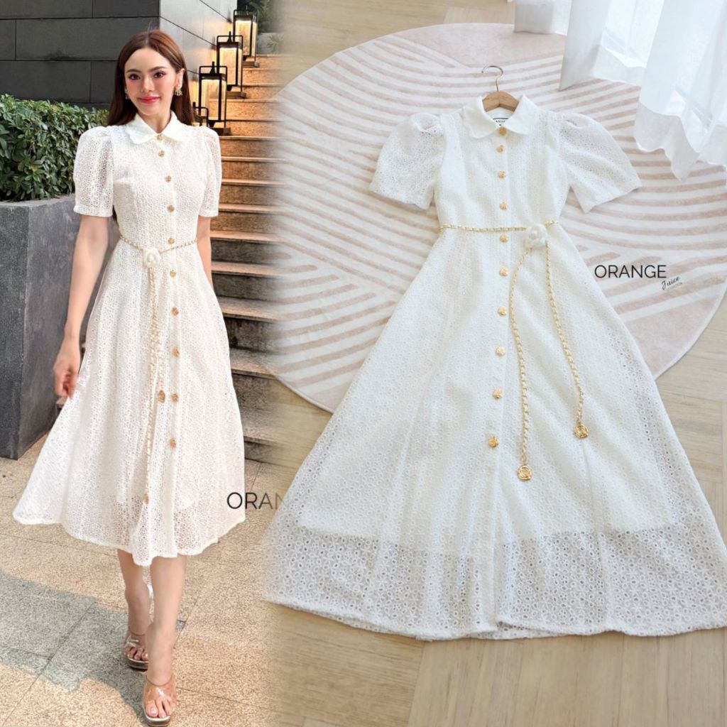 ครบไซซ์ S-5XL❗เดรสลูกไม้ขาวสวยหรู!!! Maxi Dress เดรสสีขาวผ้าลูกไม้กระดุมหน้า+เข็มขัดโซ่ งานป้าย Orange Juice ราคา ถูกที่สุด ดีลบีเคเค
