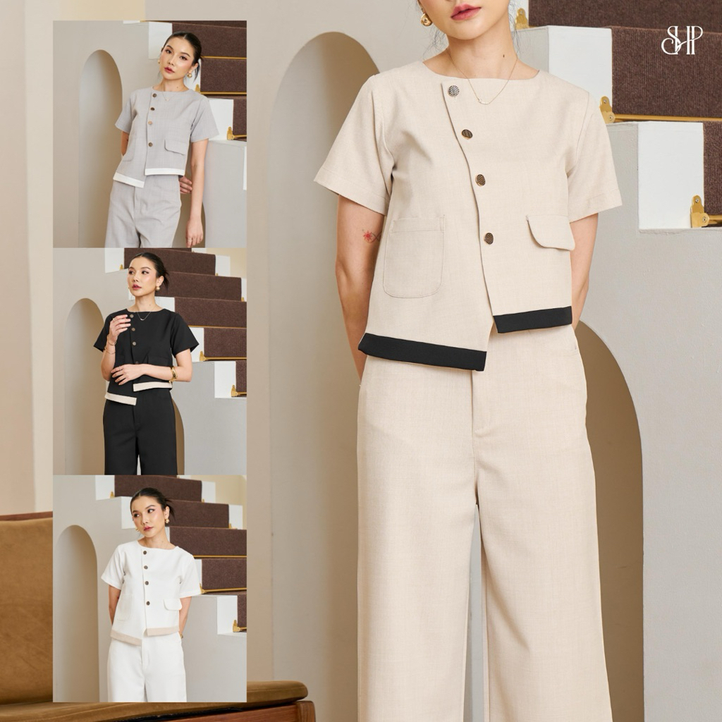 GENAE SET (เสื้อและกางเกง) ชุดเซตสุดคุ้ม เสื้อแขนสั้นคอกลมแต่งกระดุม 4 เม็ดมาพร้อมกางเกงขายาว
