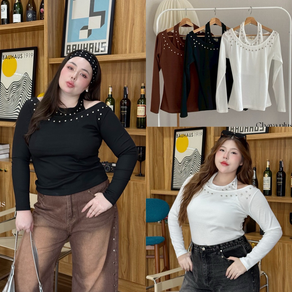/LD/ เสื้อแต่งคล้องคอสาวอวบ มีไซส์อก40-52 เนื้อผ้าร่อง แต่งหมุดช่วงคอ งานฮิตตามกระแส แมทช์ง่าย #เสื้อไซส์ใหญ่ พลัสไซส์
