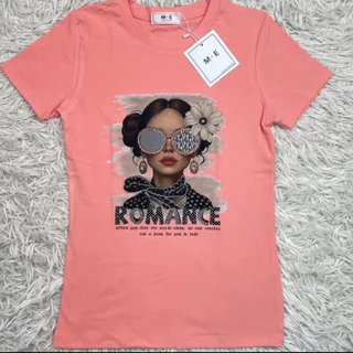 เสื้อยืดคอกลมแขนสั้น รีดเพชรลายผู้หญิงใส่แว่นดอกไม้ทัดหู ป้าย ME