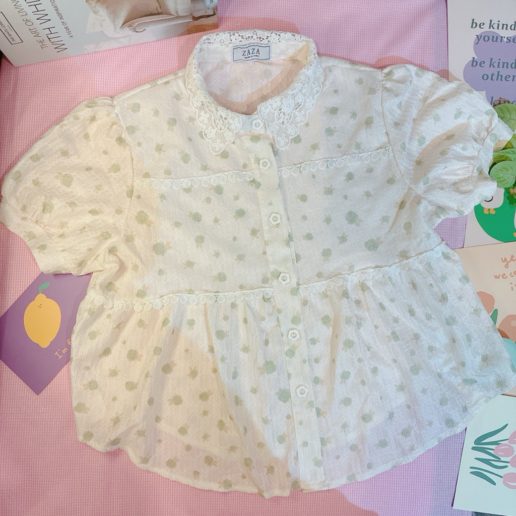 Chindaa Studio  > Used คอปก ป้าย ZAZA ลูกไม้ แขนตุ๊กตา ลายดอกสียเขียวอ่อน