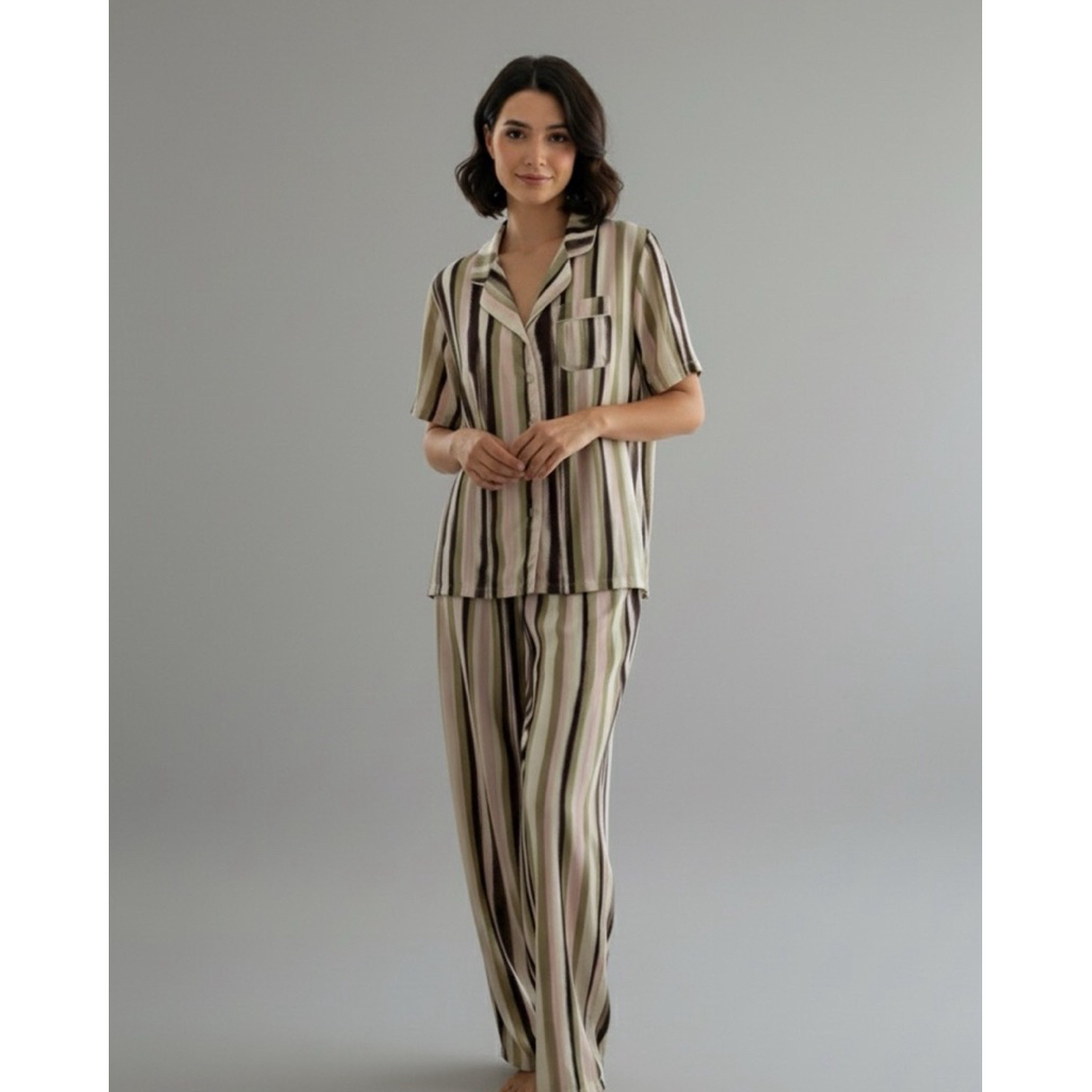 BERSHKA ชุดนอนเชิ้ต คอปก แขนสั้น  JERSEY BOYFRIEND PYJAMAS  (B3002)