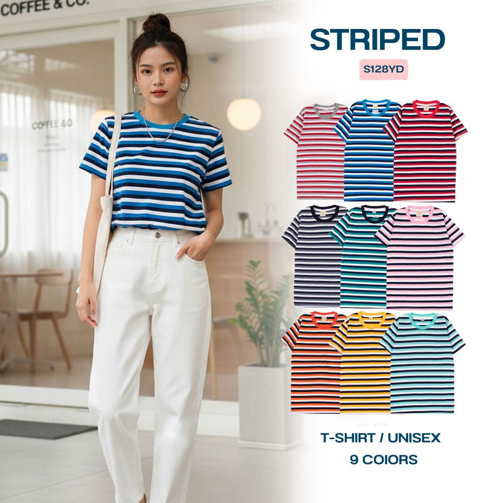128YD เสื้อยืดลายทางเเขนสั้น เนื้อผ้าคอตตอน ใส่สบาย