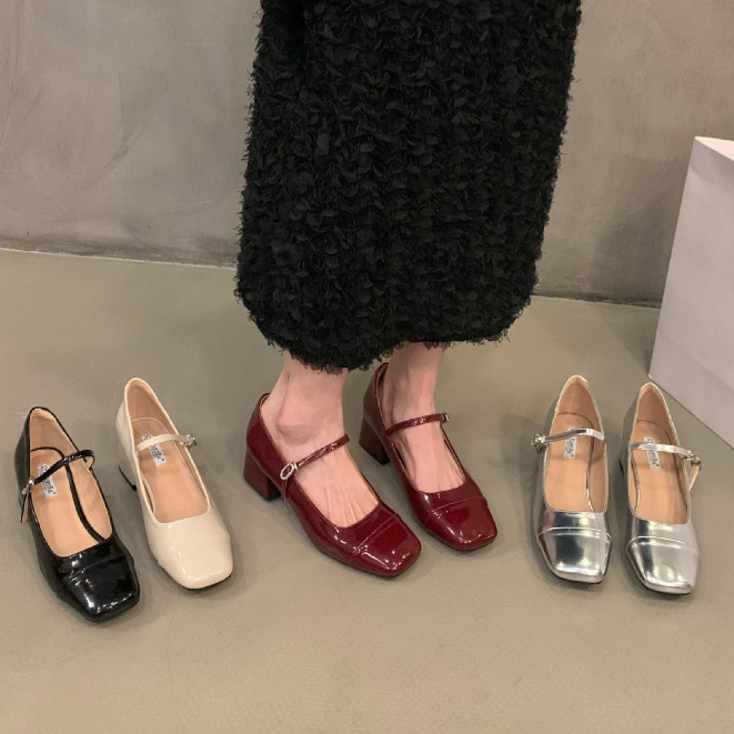 รองเท้าแมรี่เจนผู้หญิงสุดเก๋ รองเท้าหนังส้นหนาสำหรับผู้หญิง หัวสี่เหลี่ยม สไตล์ฝรั่งเศส