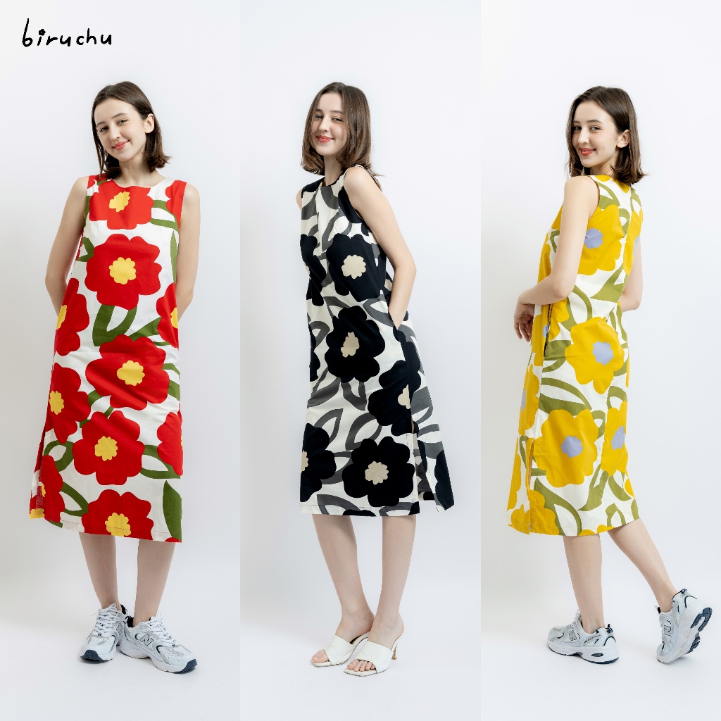 BIRUCHU DAYDREAM DRESS : รุ่นขายดี เดรสยาว แขนกุด ผ้าคอตตอนญี่ปุ่น ลายดอกไม้ มีซับใน ซิปหลัง มีกระเป๋า S M L XL