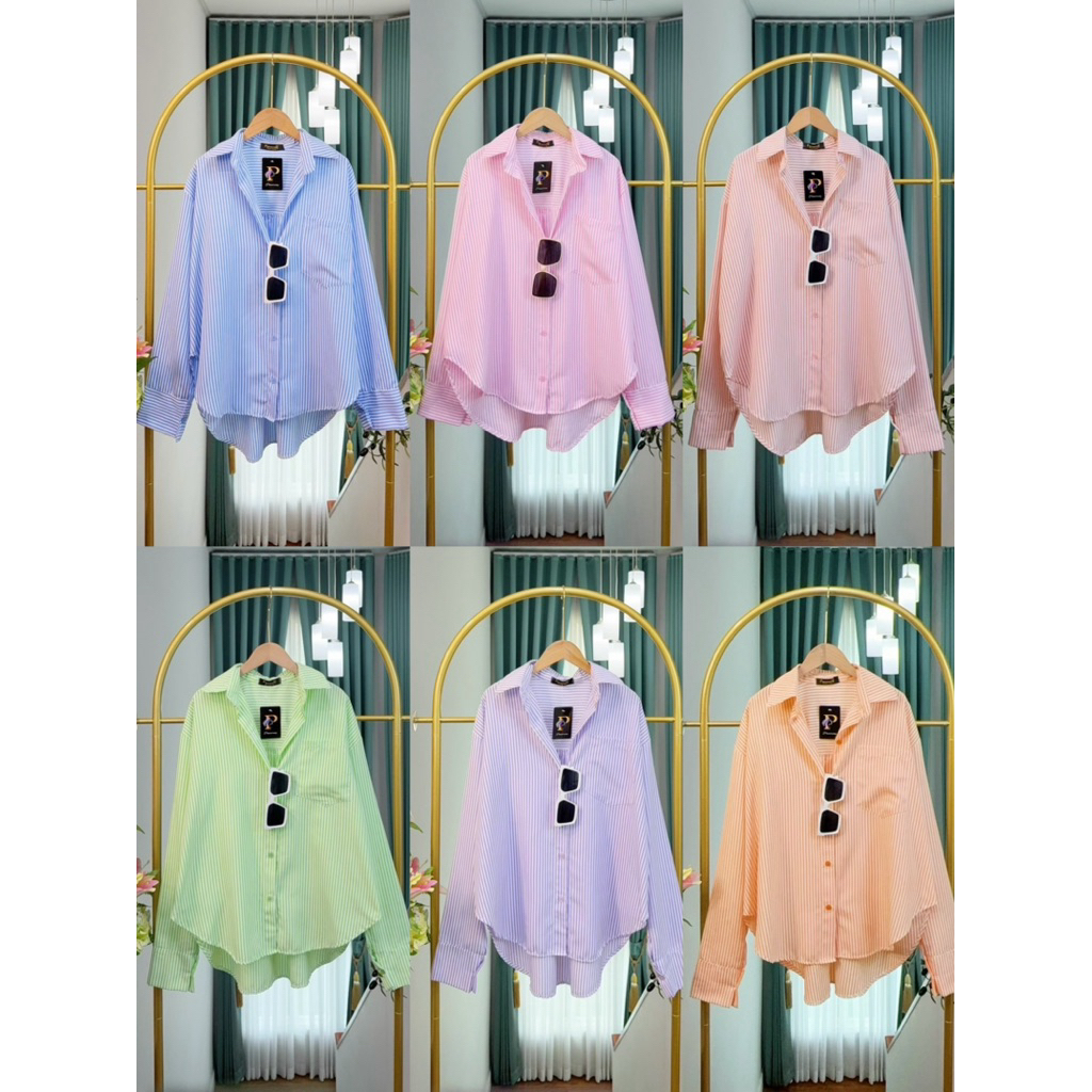 เสื้อเชิ้ตแขนยาว ลายริ้ว 🌈 Over size" กระดุมหน้า **ใส่เป็นคุมได้