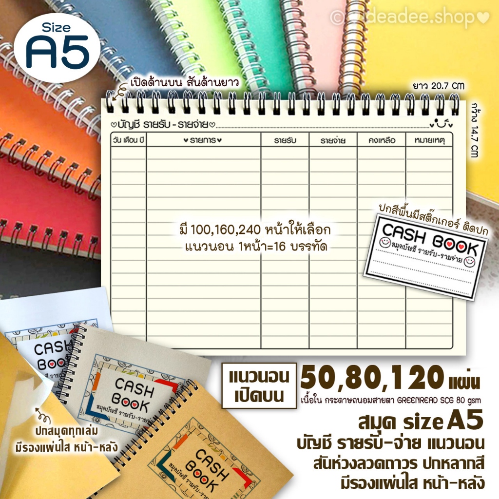 สมุดบัญชี รับ-จ่าย A5(เล่มเล็ก) แนวนอน-เปิดสันยาว ริมห่วงลวดมี 50 80 120แผ่น ปกหลากสี+มีแผ่นใส