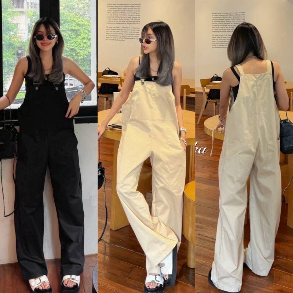 เซทเอี๊ยมขายาวแบบ Korea Style ทรงกระบอกกลางๆ มีกระเป๋า 5 ช่อง มาพร้อมกับหมวกทรงบัตเก็ตมีเชือก