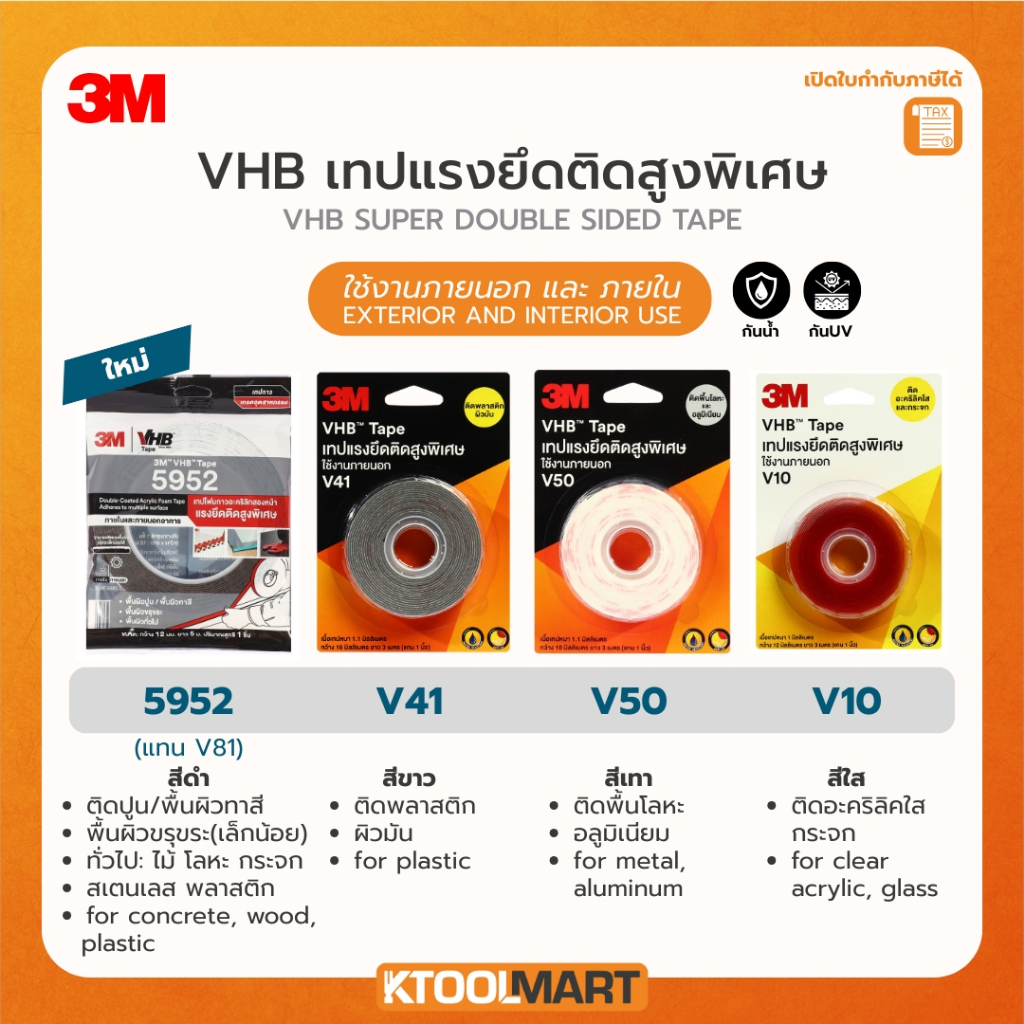 3m เทปแรงยึดติดสูง กาวสองหน้า VHB double sided tape V10 V41 V50 5952 V81 ไม้ ปูน พลาสติก อะคริลิค