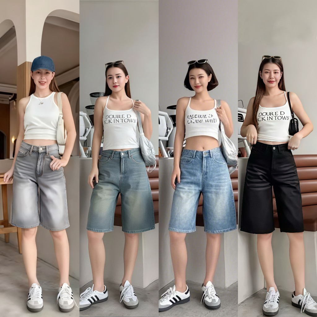 กางเกงยีนส์ขาสั้น ทรงหลวมขากว้าง เอวสูง กางเกงขากระบอก สไตส์วินเทจ